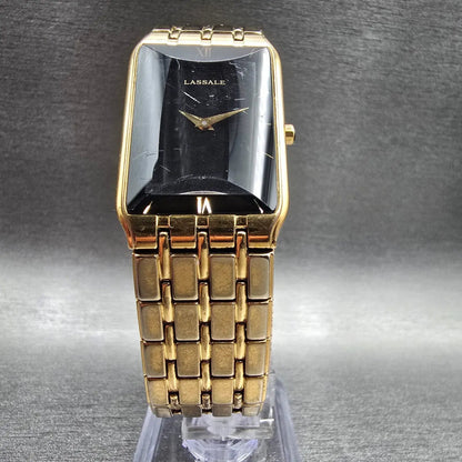 Seiko Lassale Tank Watch Men 22mm Black Dial Gold Rectangle 5E20-5009 New Batt5