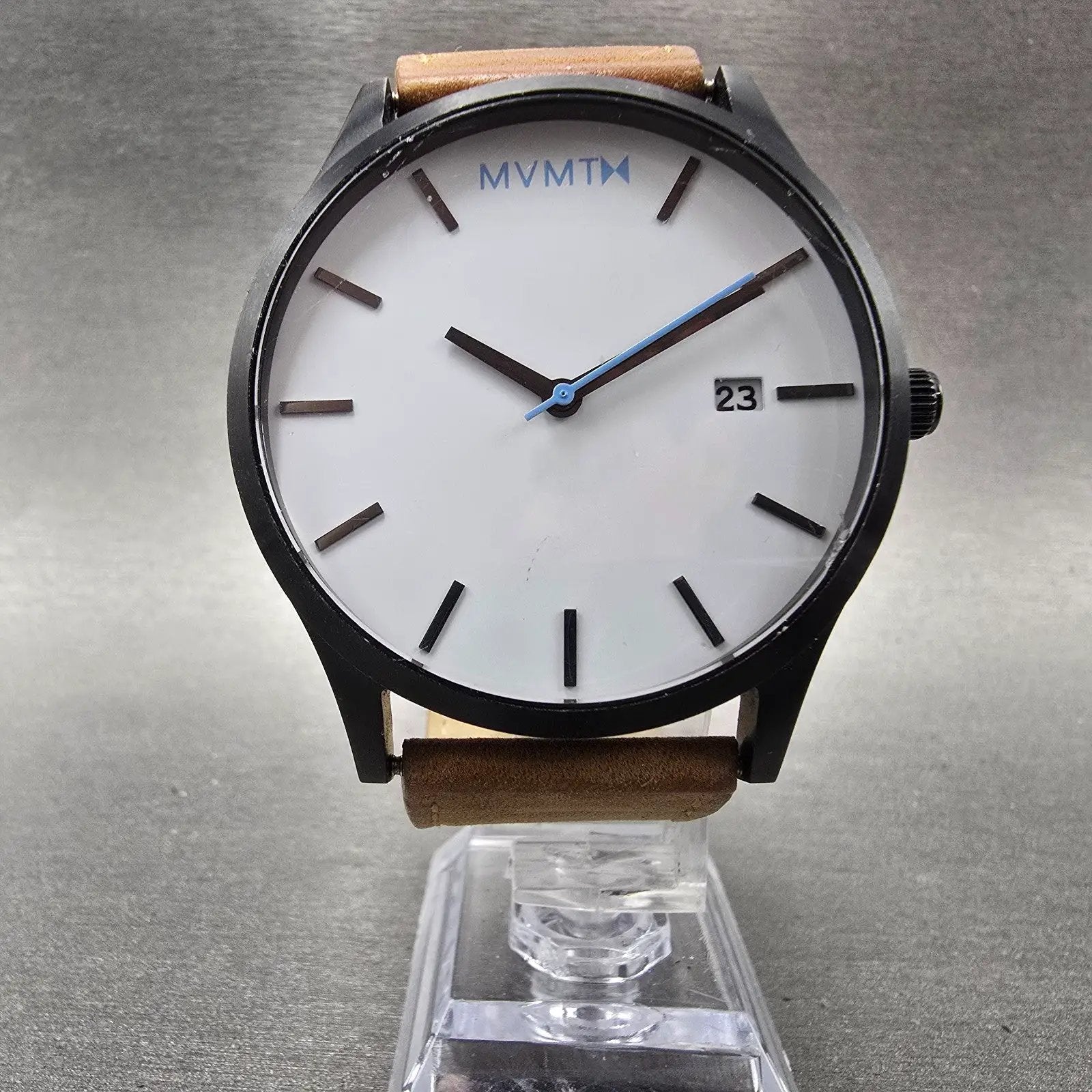 MVMT Classic Watch Men 45mm White Dial Black Date Round Leather New Battery AB5
