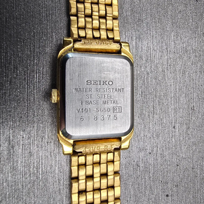 Seiko Watch Women 18mm Black Dial Gold Tone Rectangle V401-5650 New Battery VTG10