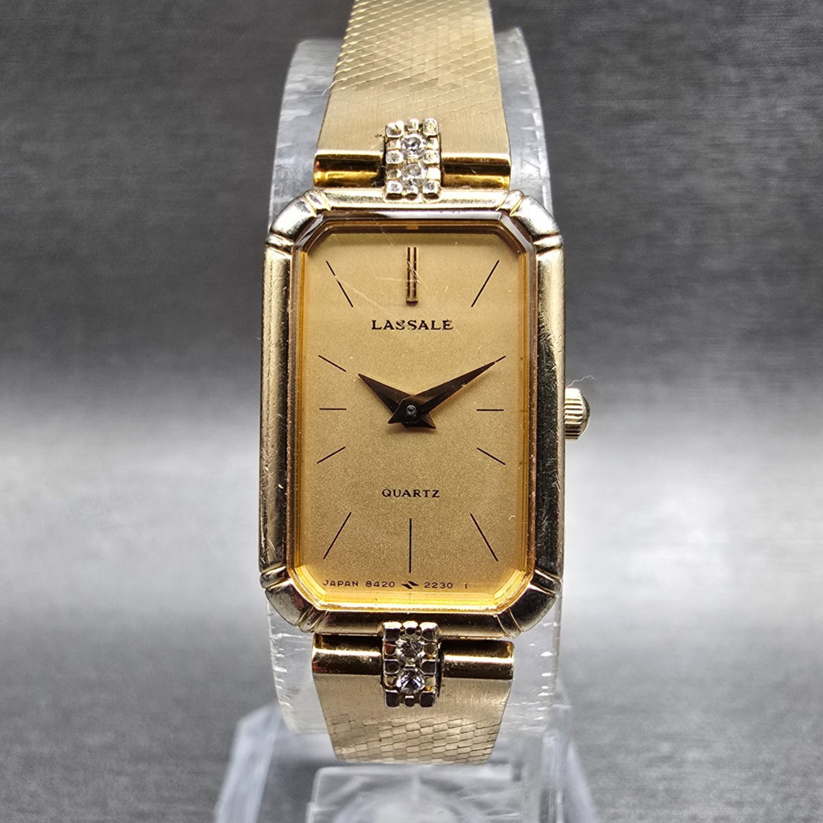 Seiko Lassale Watch Women 14mm Gold Dial Gold Rectangle Diamonds New Battery VTG0