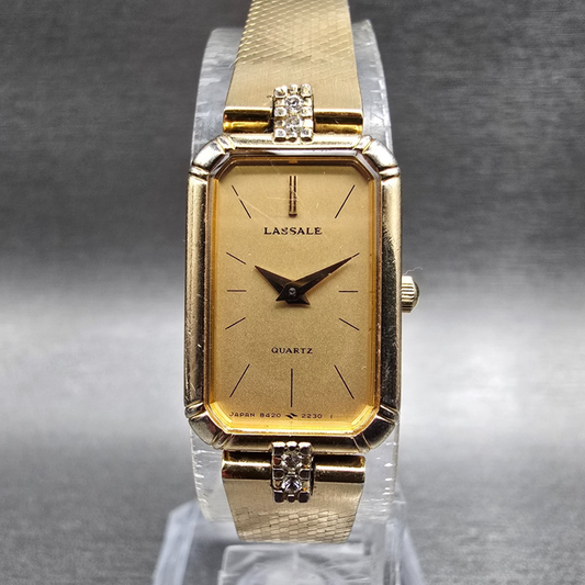 Seiko Lassale Watch Women 14mm Gold Dial Gold Rectangle Diamonds New Battery VTG0