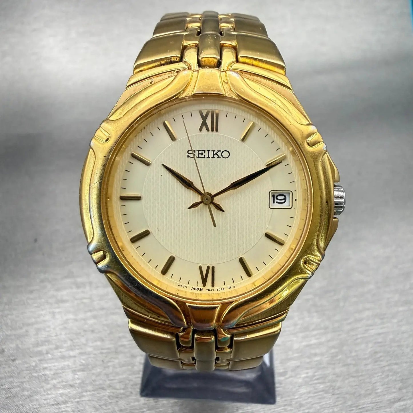 Seiko Watch Men 36mm Ivory Dial Gold Tone Date Round 7N42-6C10 New Battery VTG0