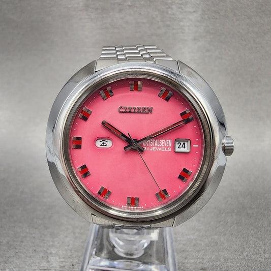 Citizen Crystal Seven Watch Men 41mm Pink Dial Silver Tone Daydate Automatic Run0