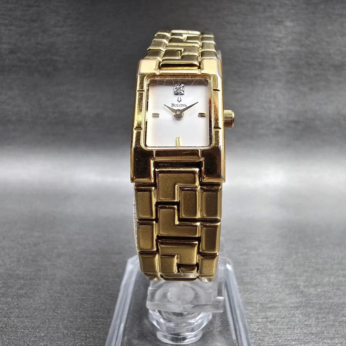 Bulova Watch Women 15mm White Dial Gold Tone Rectangle 97S82 New Battery5