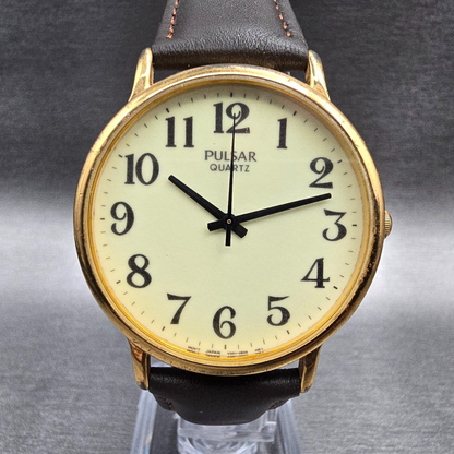 Seiko Pulsar Watch Men 36mm Luminous Dial Gold Tone Round V501-0A50 New Battery0