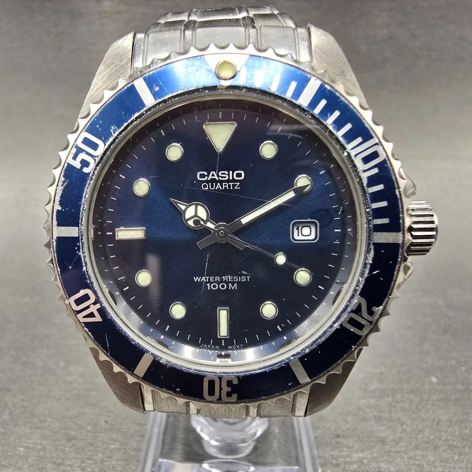 Casio Dive Watch Men 40mm Blue Dial Silver Tone Date MTD-1010 New Battery GJKK0