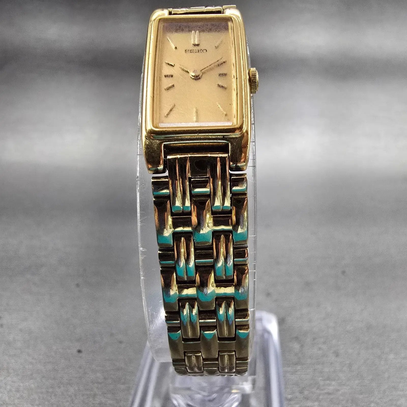 Seiko Watch Women 13mm Gold Dial Gold Tone Rectangle 2E20-7021 New Battery VTG5