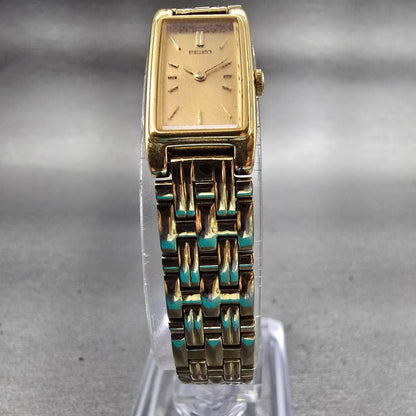 Seiko Watch Women 13mm Gold Dial Gold Tone Rectangle 2E20-7021 New Battery VTG5