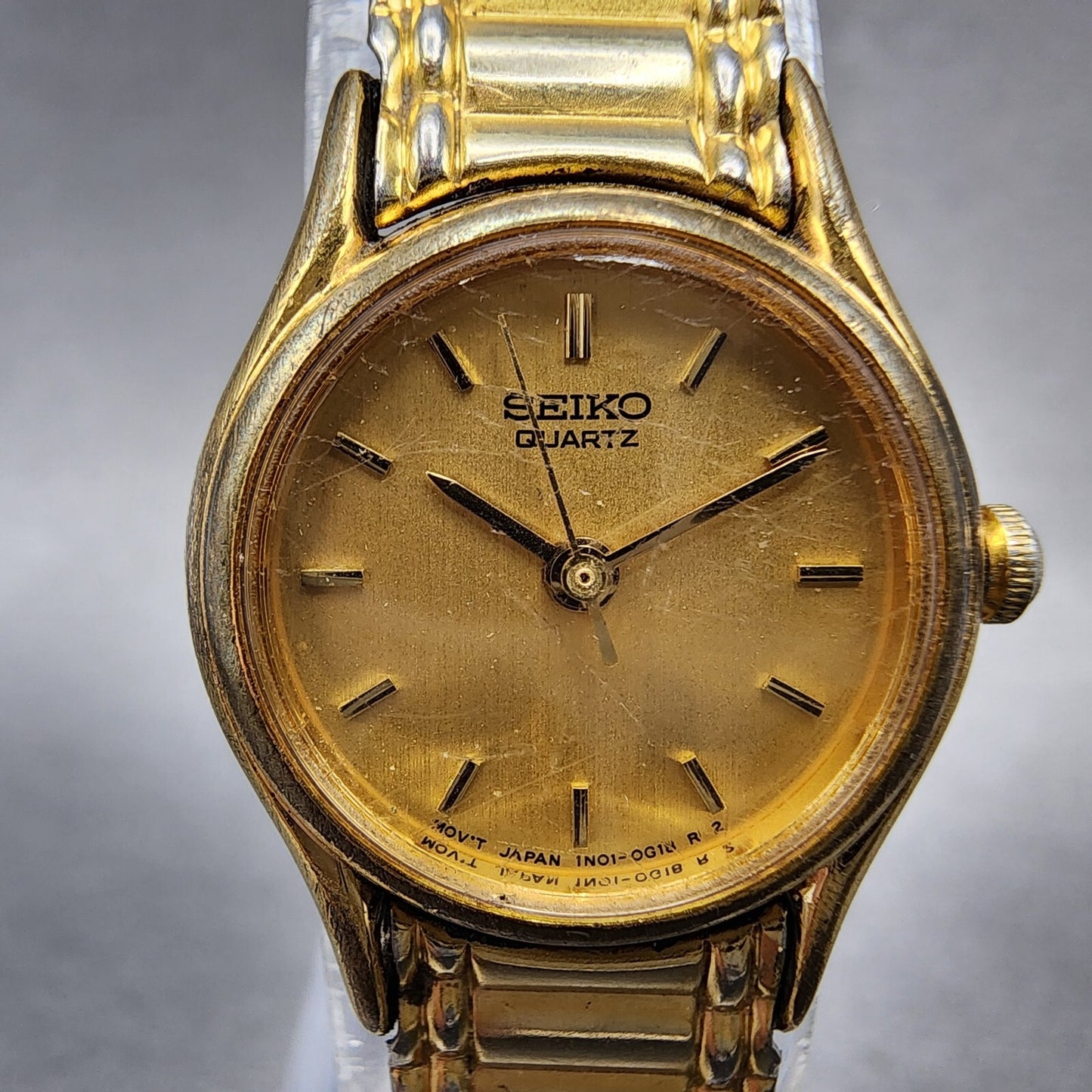 VTG Seiko Watch Women 20mm Gold Dial Gold Tone Round 1N010E19 New Battery1