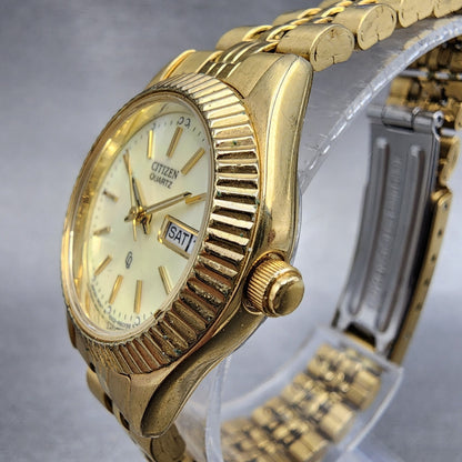 Citizen CQ President Watch Women 26mm MOP Dial Gold Tone Daydate Round New Batt2