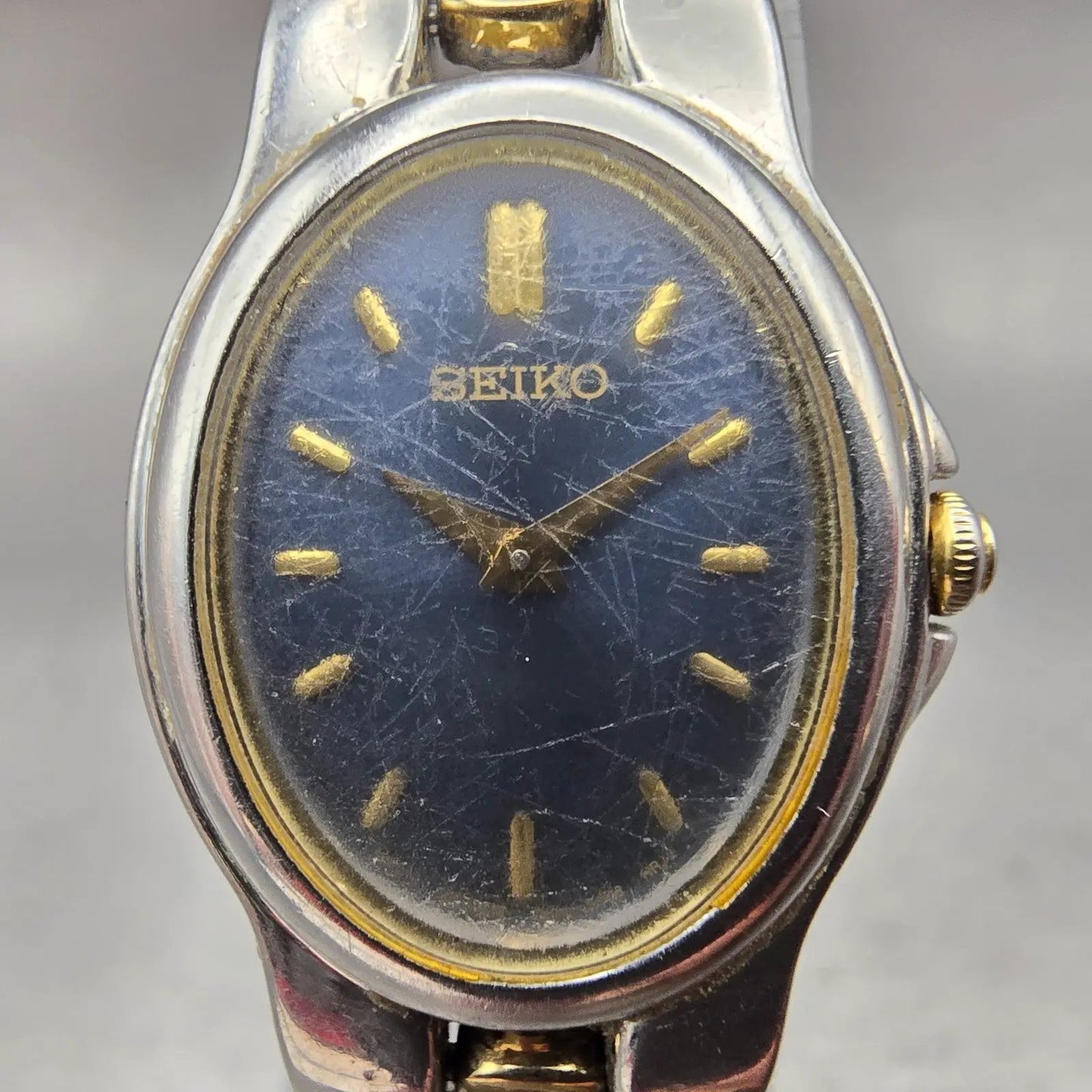 Seiko Watch Women 18mm Blue Dial Two Tone Oval 1N00-6T20 New Battery Vintage1