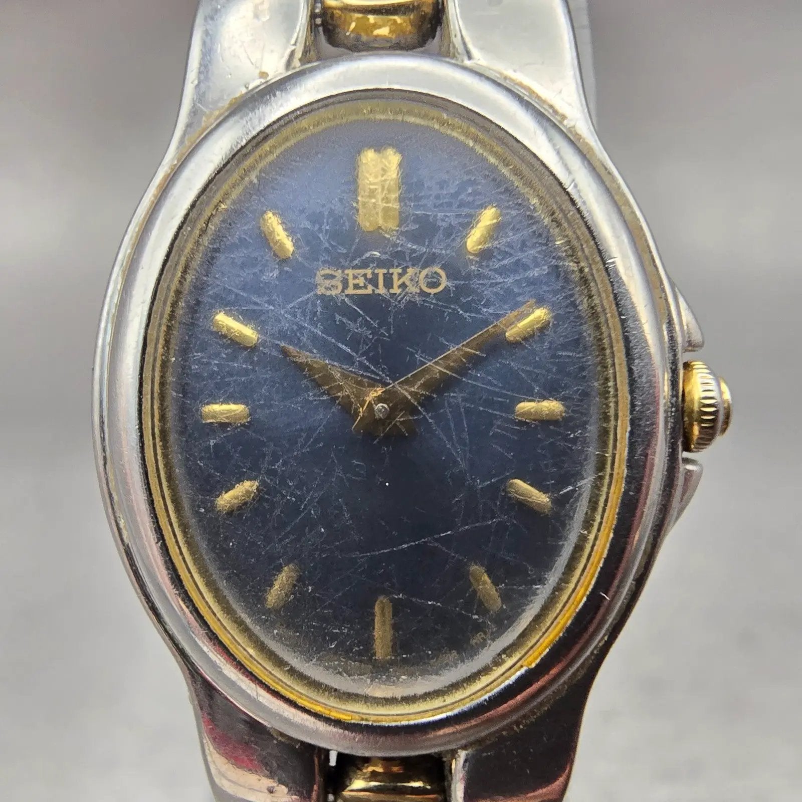 Seiko Watch Women 18mm Blue Dial Two Tone Oval 1N00-6T20 New Battery Vintage1