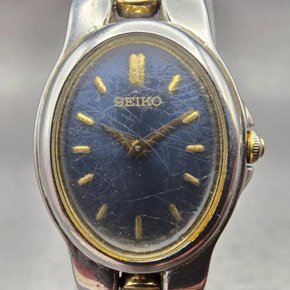 Seiko Watch Women 18mm Blue Dial Two Tone Oval 1N00-6T20 New Battery Vintage1
