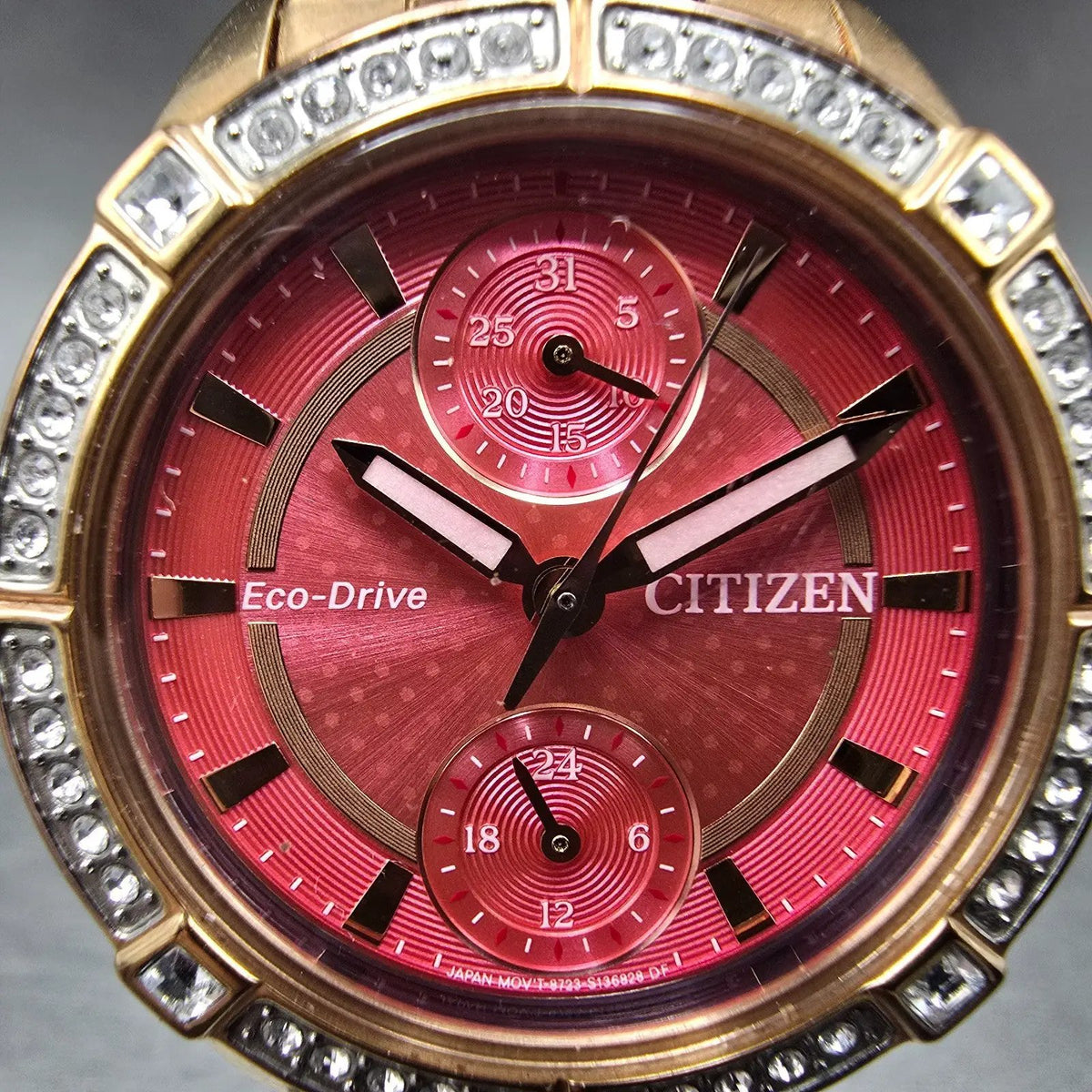 Citizen Eco-Drive Watch Women 33mm Red Dial Rose Gold Date Round Crystal Works1