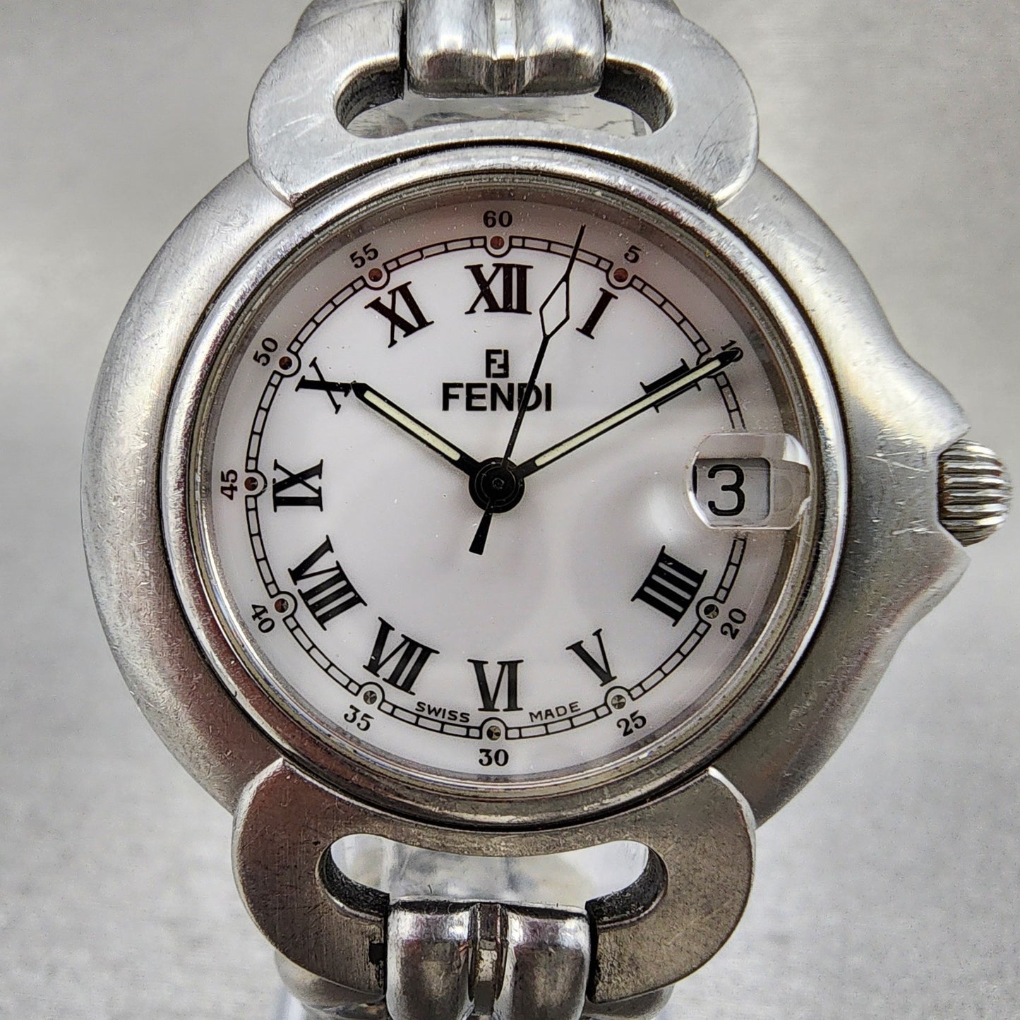 Fendi Orologi Watch Men 34mm White Dial Silver Tone Date Round READ!!!! New Batt1