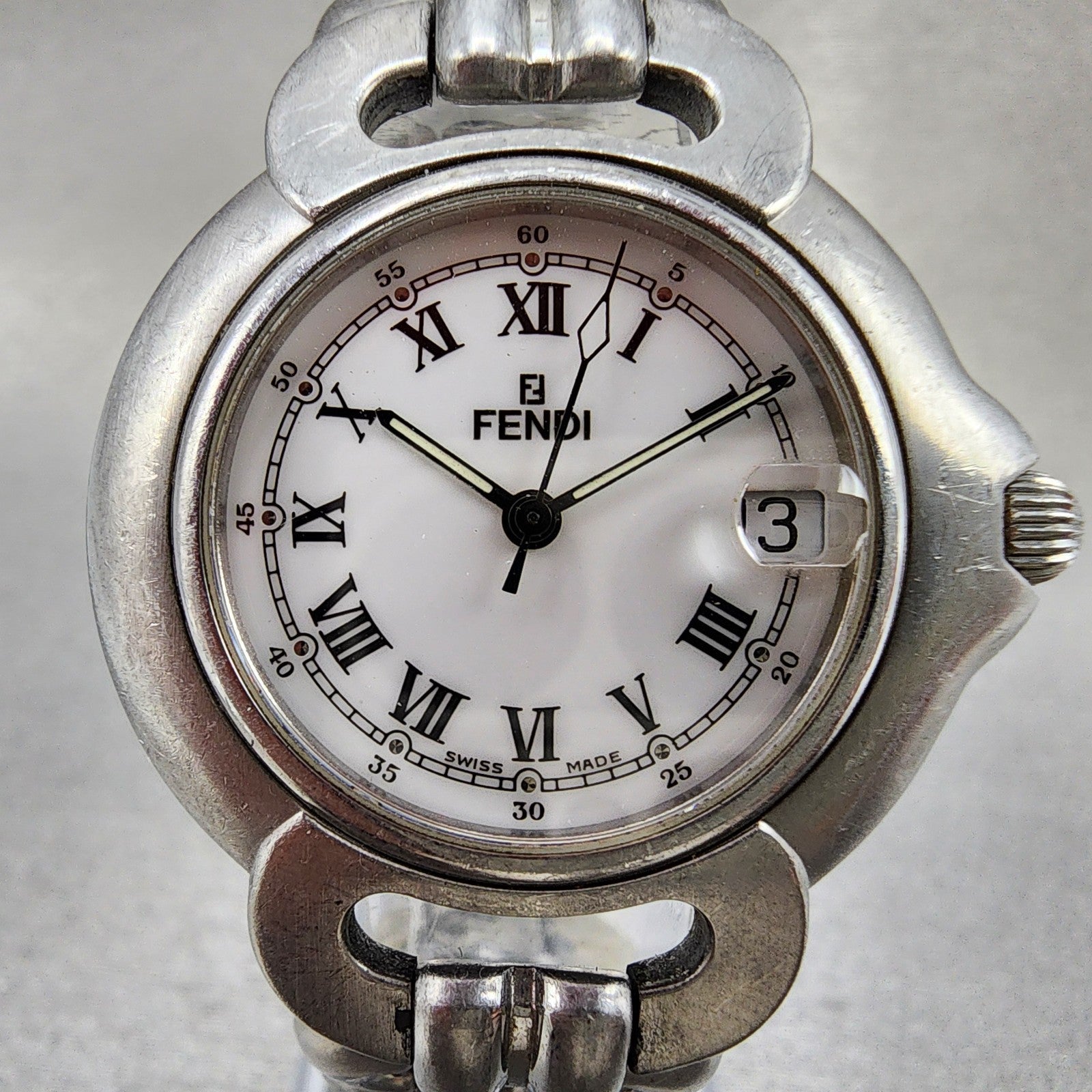 Fendi Orologi Watch Men 34mm White Dial Silver Tone Date Round READ!!!! New Batt1