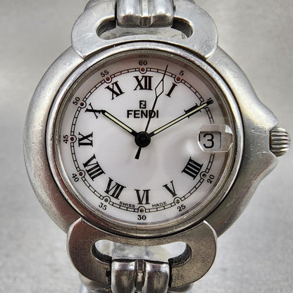 Fendi Orologi Watch Men 34mm White Dial Silver Tone Date Round READ!!!! New Batt1