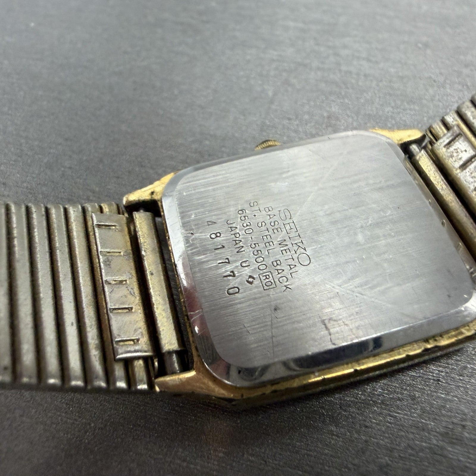 Seiko Tank Watch Men 26mm Champagne Dial Gold Tone Rectangle 6530-5500 New Batt9
