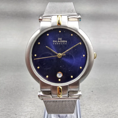 Skagen Watch Men 33mm Blue Dial Two Tone Date Round P38LGSN New Battery0
