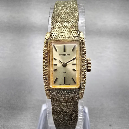 Seiko Tank Watch Women 15mm Champagne Dial Gold Rectangle 11-3189 Manual Wind0