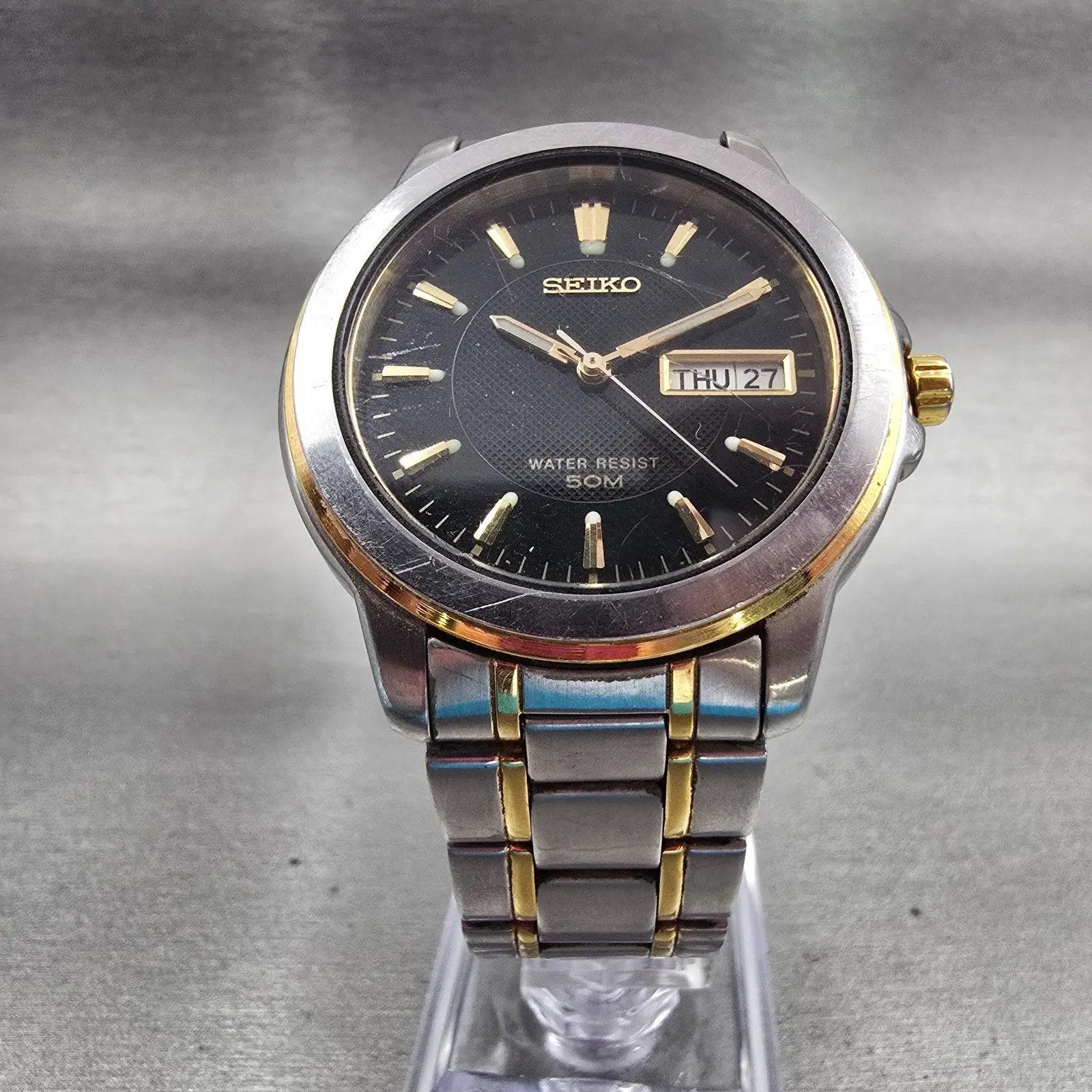 Seiko Watch Men 38mm Black Dial Two Tone Daydate Round 7N43-8309 New Battery VTG5