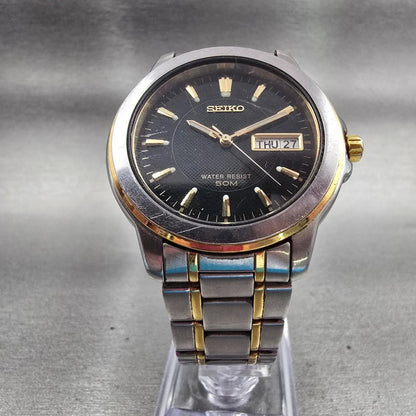 Seiko Watch Men 38mm Black Dial Two Tone Daydate Round 7N43-8309 New Battery VTG5