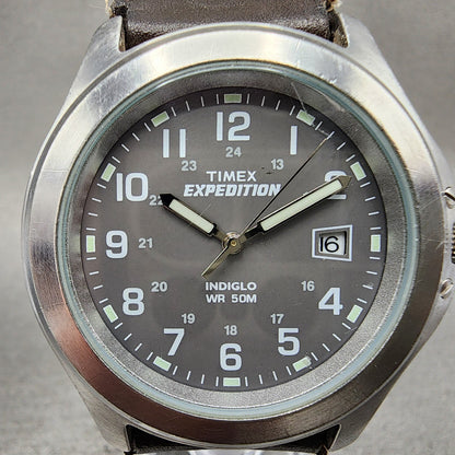 Timex Expedition Watch Men 39mm Gray Dial Silver Tone Date Round New Battery1