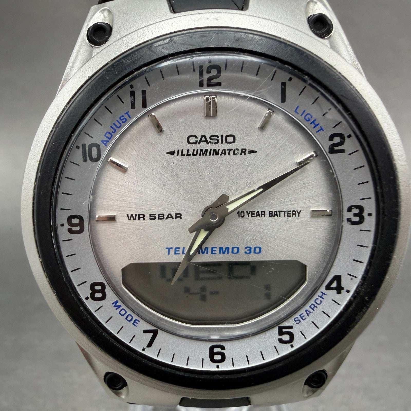 Casio Illuminator Watch Men 40mm Analog Digital Silver Alarm Chrono AW-80 NewBat1