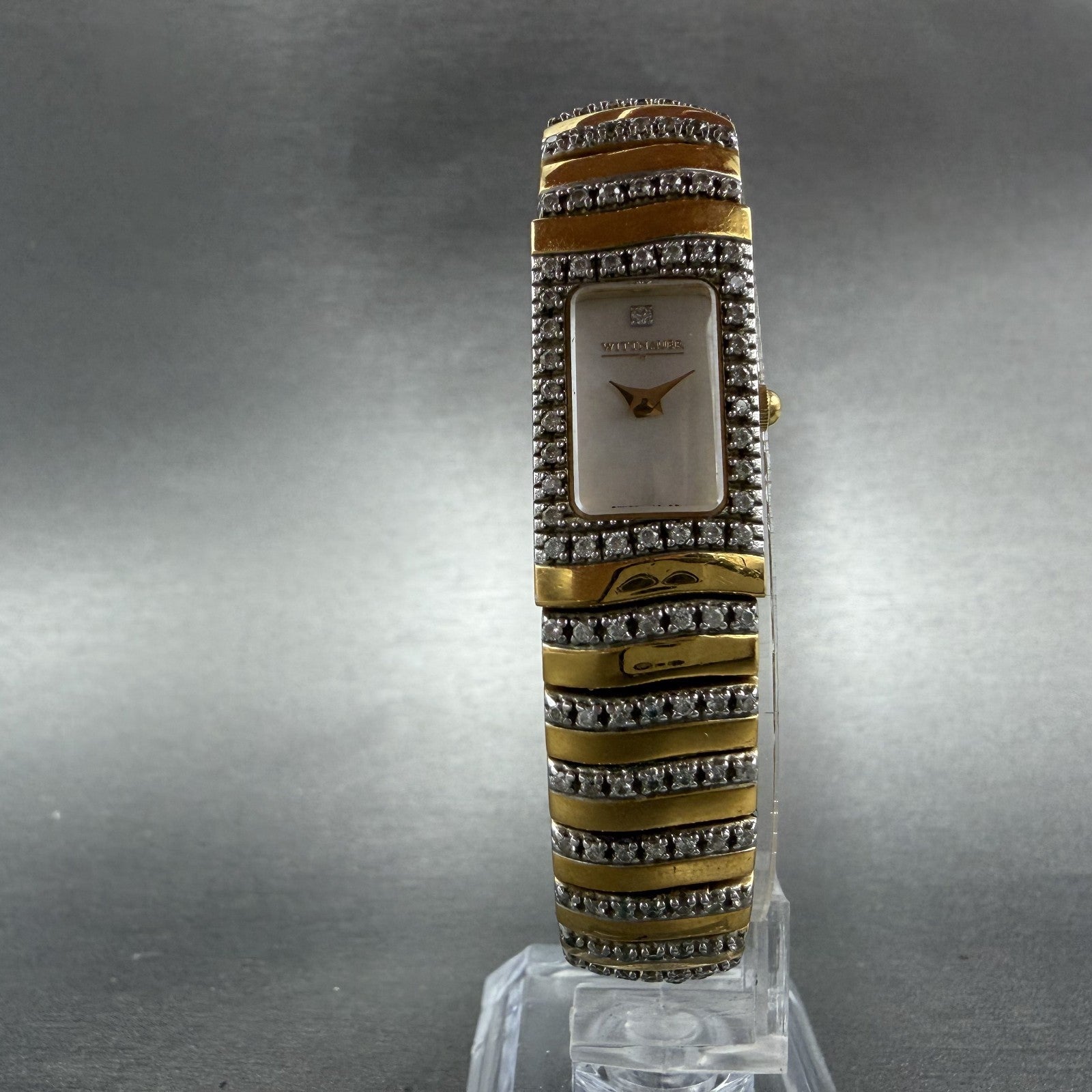 Wittnauer Tank Watch Women 14mm MOP Dial Gold Tone Diamond Bezel 12L05 New Batt5