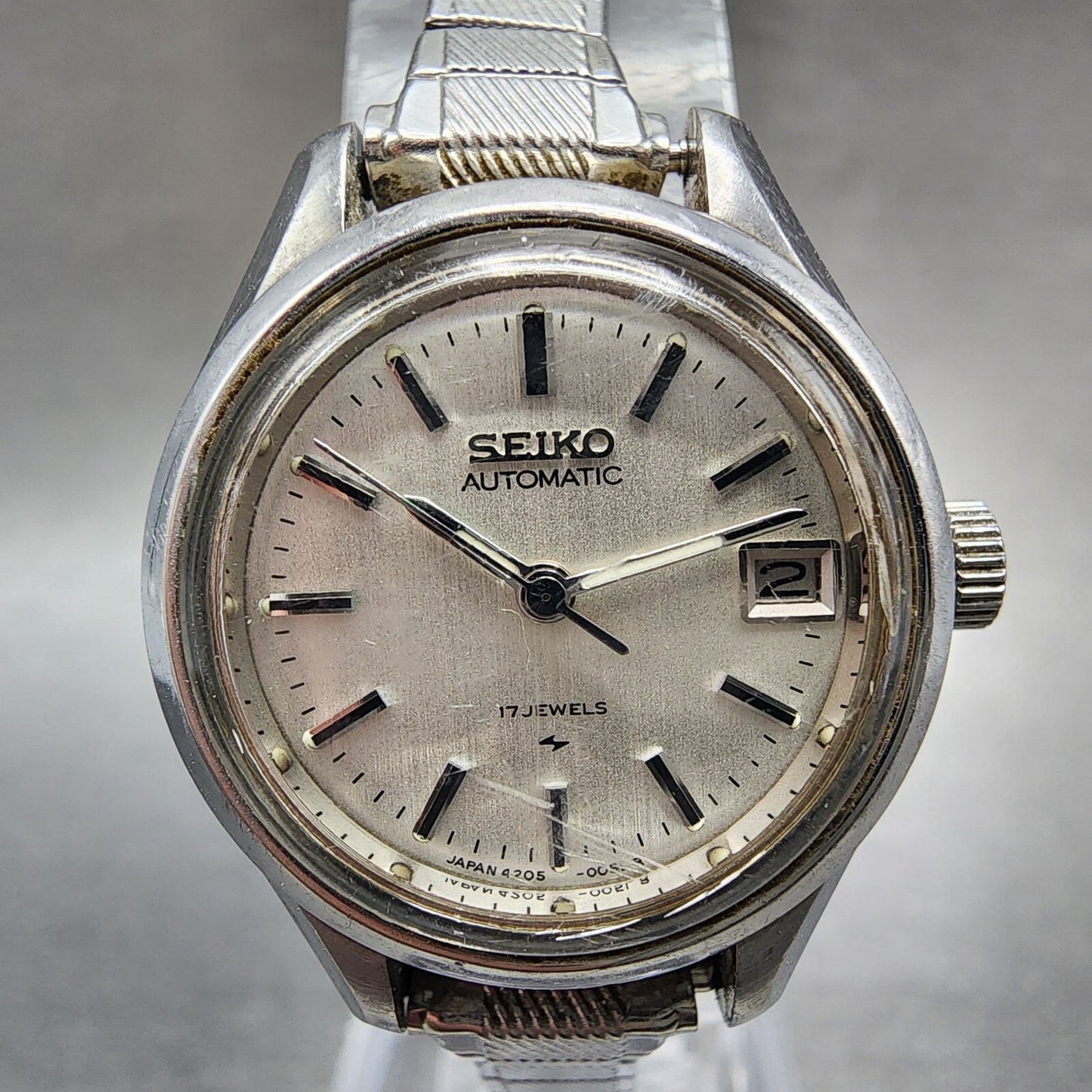 Seiko Automatic Watch Women 23mm White Dial Steel Date Round 42050040 READ!!!!!1