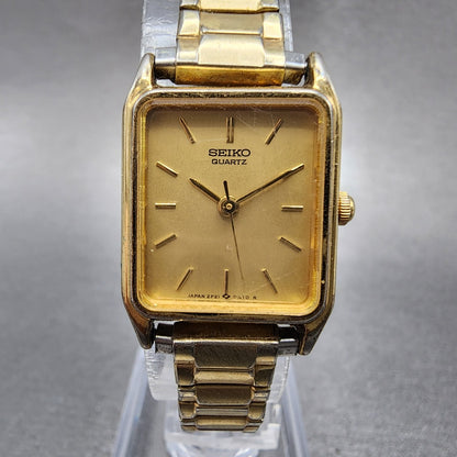 Seiko Tank Watch Women 18mm Champagne Dial Gold Tone 2p215a00 New Battery0