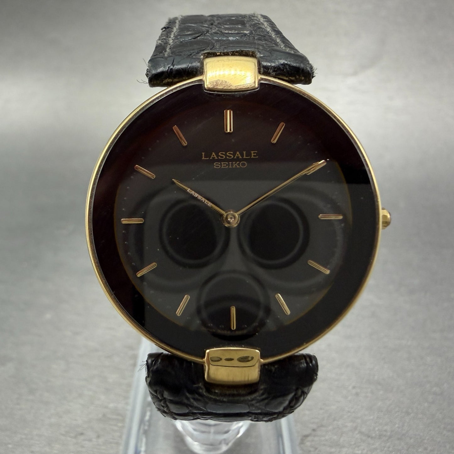 Seiko Lassale Watch Men 32mm Black Dial Gold Tone Round 5A54-2000 New Battery0