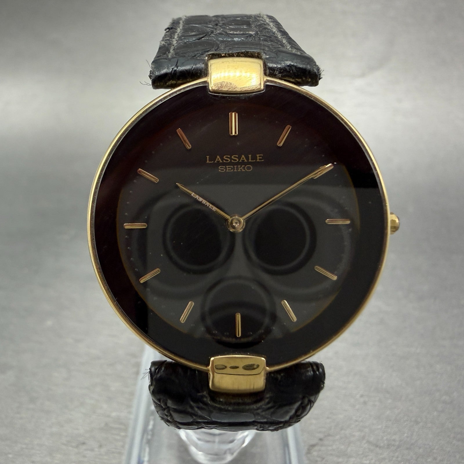 Seiko Lassale Watch Men 32mm Black Dial Gold Tone Round 5A54-2000 New Battery0
