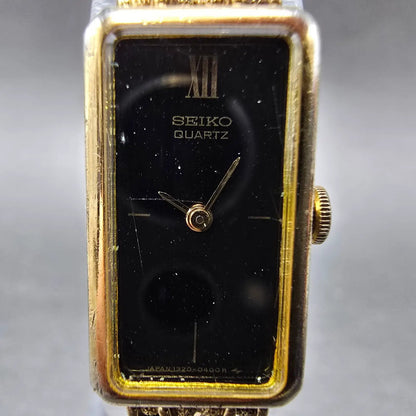 Seiko Tank Watch Women 13mm Black Dial Gold Rectangle 1320-5249 New Battery JP1