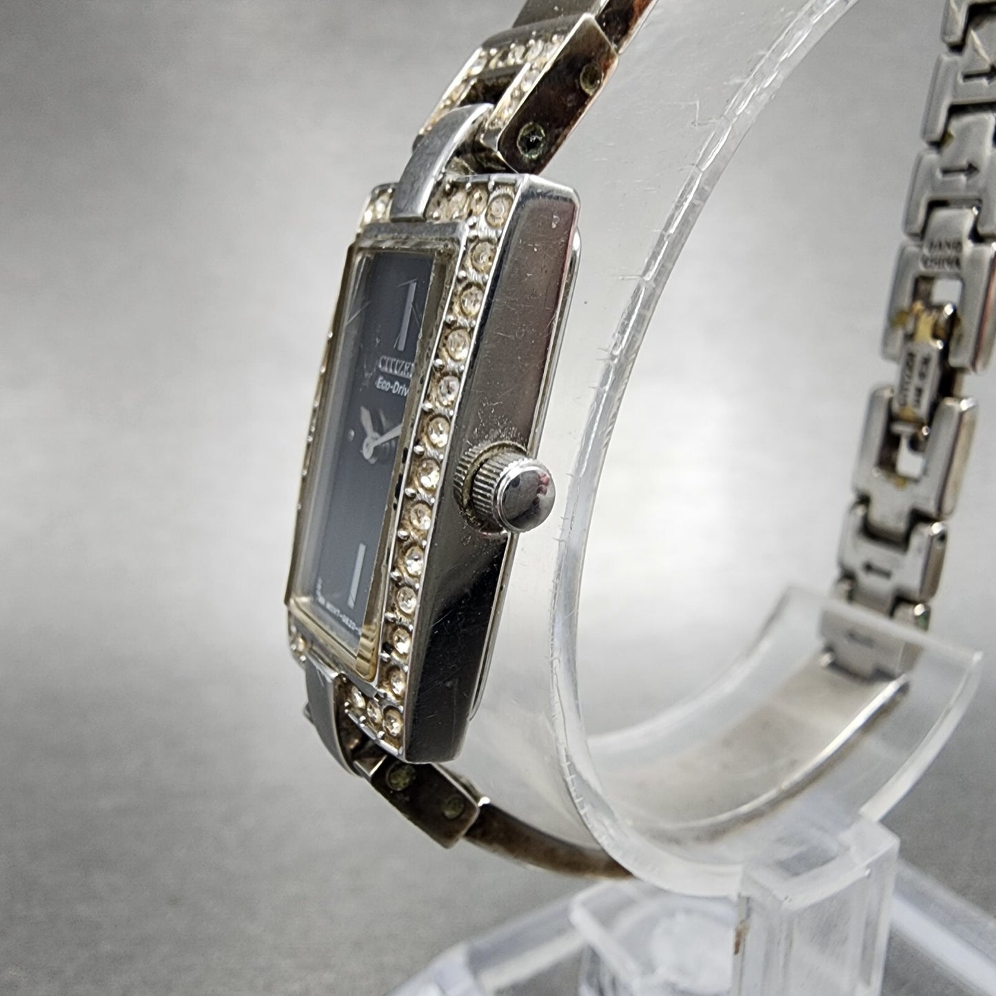Citizen Eco-Drive Tank Watch Women 14mm Black Dial Steel Rectangle Crystals Runs