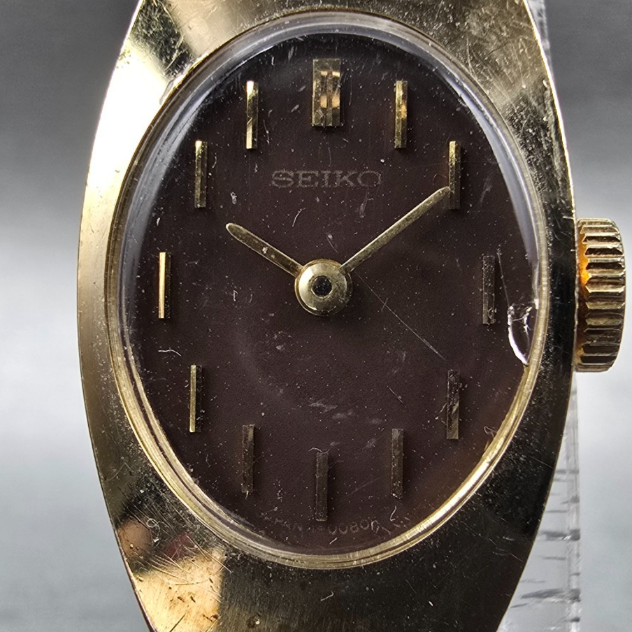 Seiko Watch Women 15mm Brown Dial Gold Tone Oval 11-7039 Manual Wind Vintage JP21