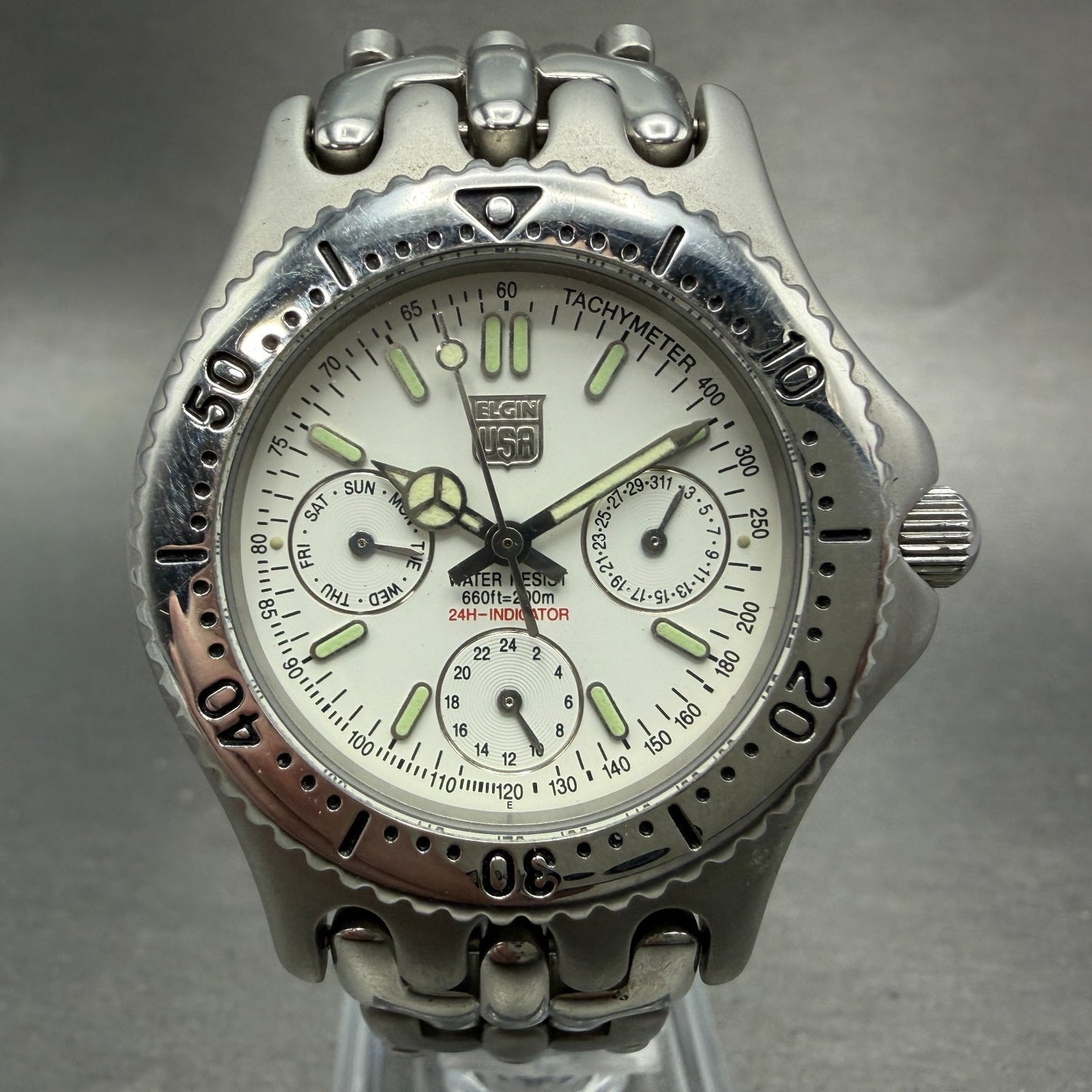 Elgin Watch Men 37mm White Dial Silver Tone Daydate Round FK-666-C PARTS Vintage0