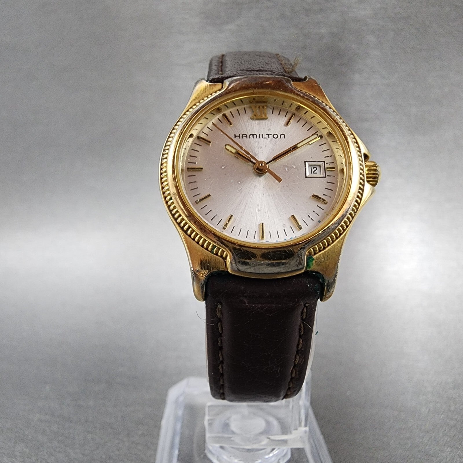 Hamilton Watch Women 26mm Silver Dial Gold Tone Date Round 8460 PARTS6