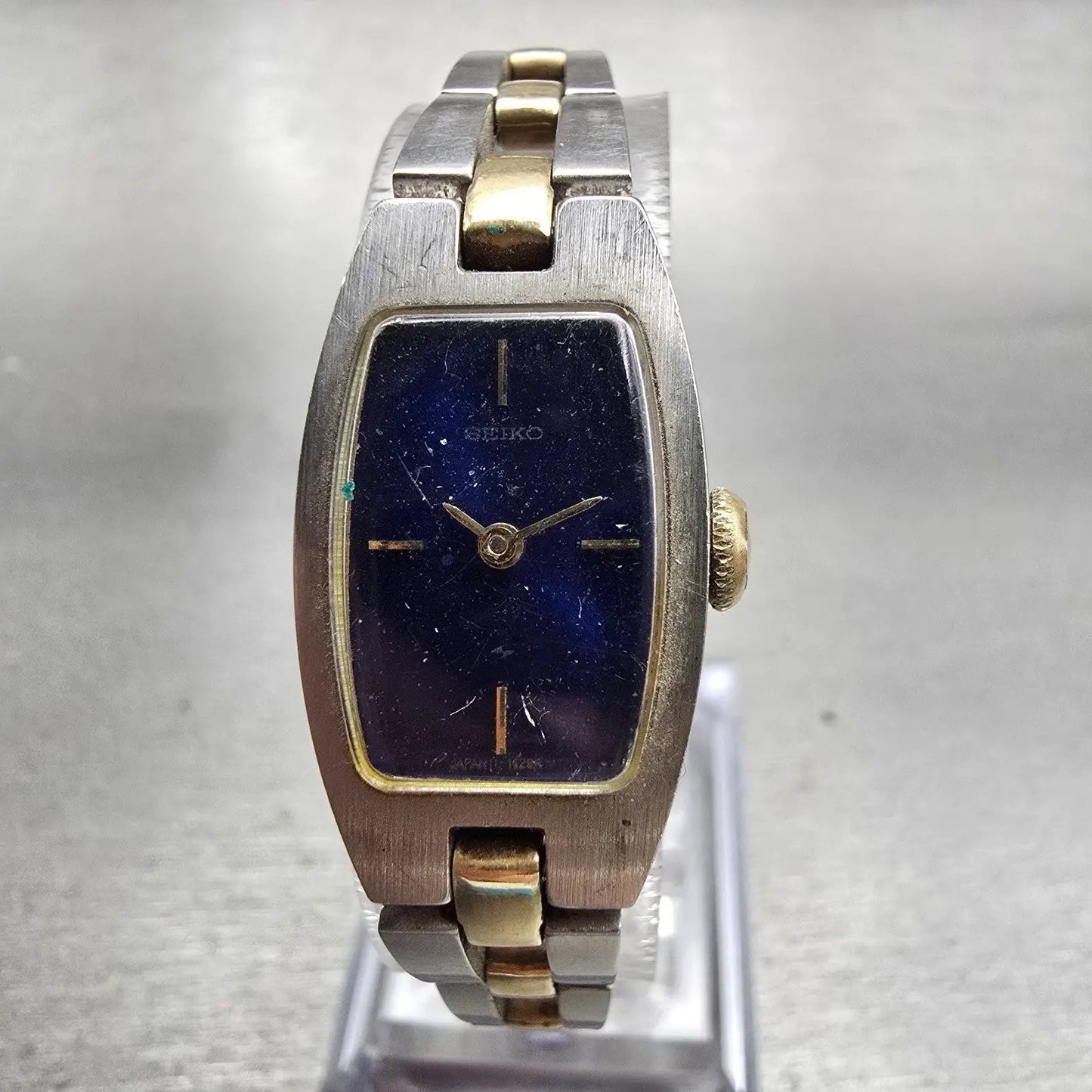 Seiko Watch Women 16mm Blue Dial Two Tone Rectangle Manual Wind 11-7509 Runs VTG0