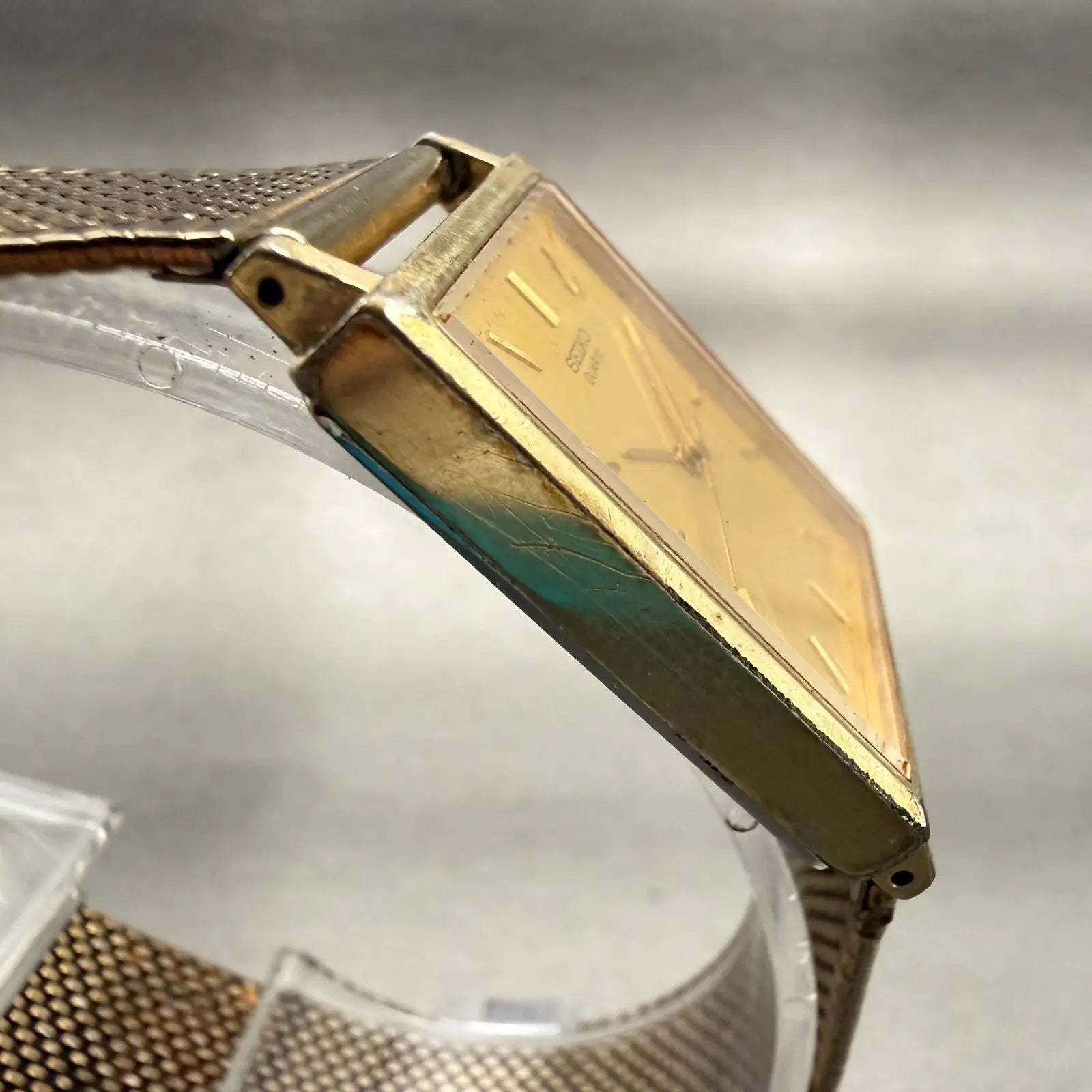 Seiko Watch Men 25mm Gold Dial Gold Tone Rectangle 2C21-5180 New Battery Vintage3
