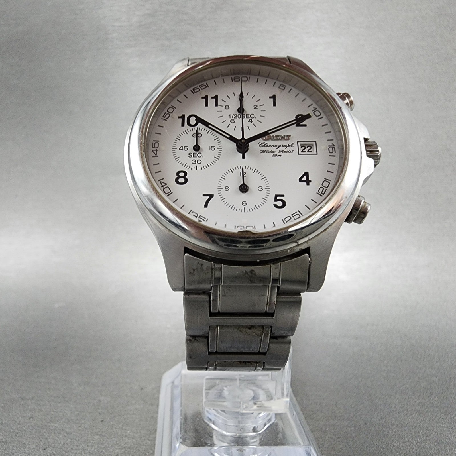 Orient Chronograph Watch Men 38mm White Dial Silver Tone Round New Battery5