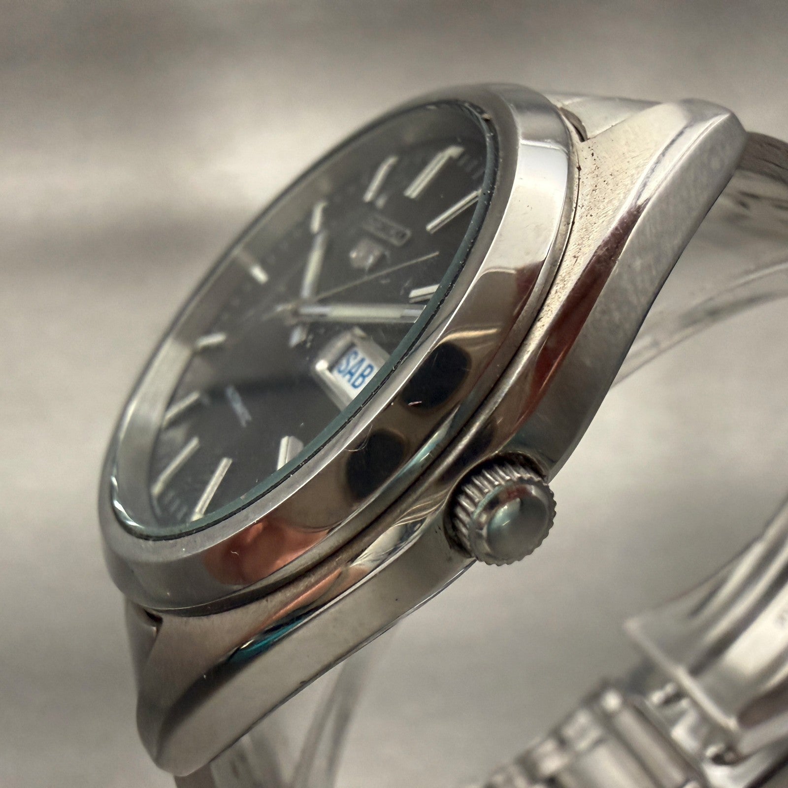 Seiko 5 Watch Men 37mm Black Dial Silver Tone Daydate Round 7S26-0060 Runs2