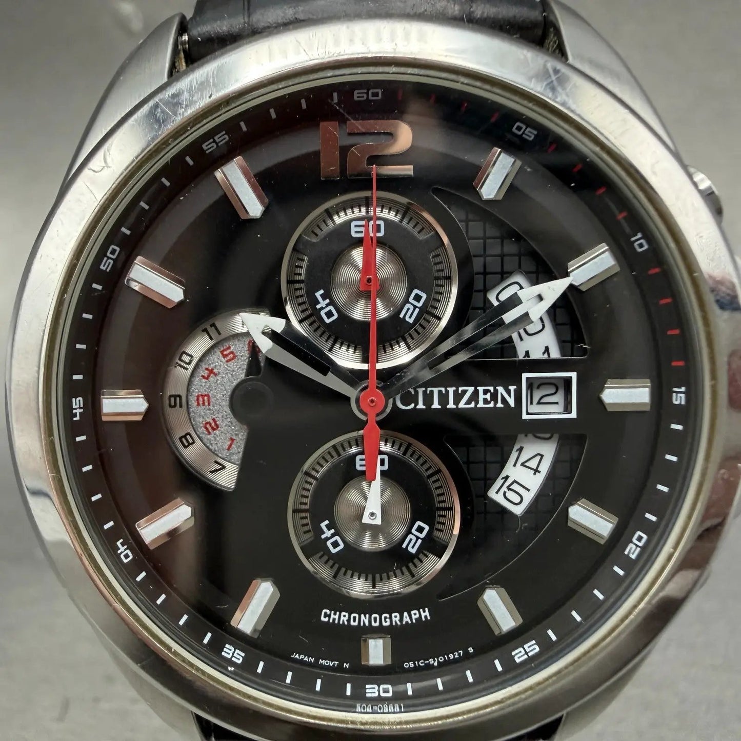 Citizen Chronograph Watch Men 43mm Black Dial Silver Tone Date Round New battery1