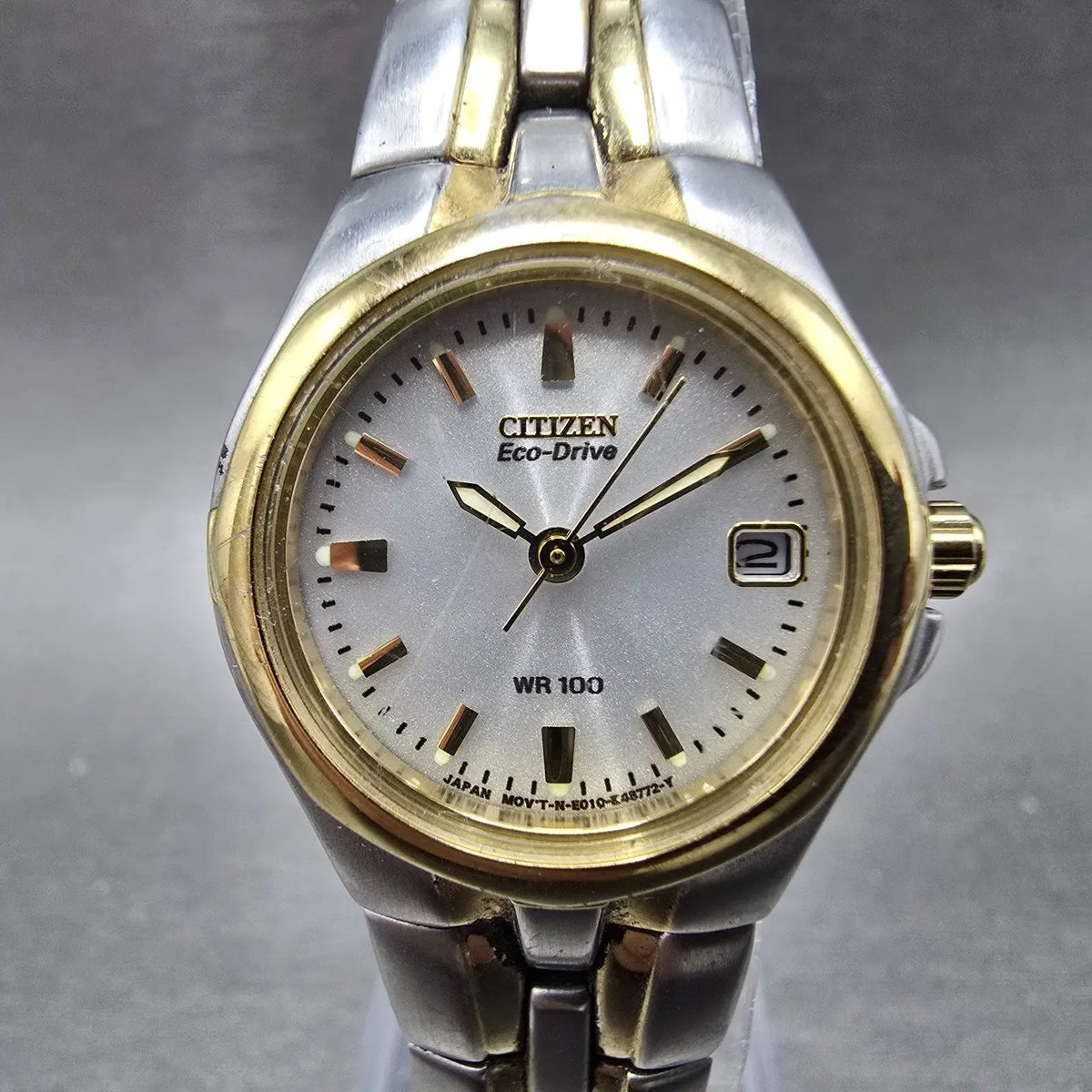 Citizen Eco-Drive Watch Women 25mm Silver Dial Two Tone Date Round Works E0100