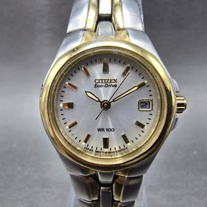 Citizen Eco-Drive Watch Women 25mm Silver Dial Two Tone Date Round Works E0100