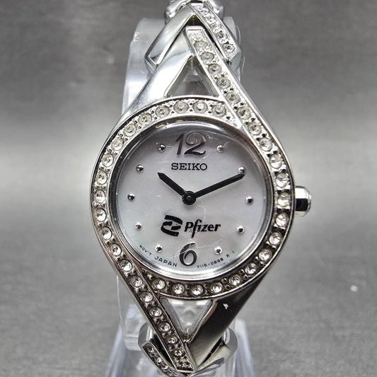 Seiko Solar Watch Women 23mm MOP Dial Silver Tone Round V115-0AP0 Runs Pfizer0