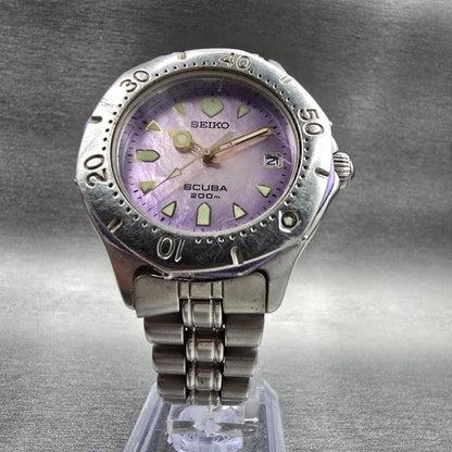 Seiko Scuba Watch Men 36mm Purple Dial Silver Date Round 7N35-6010 New Battery5