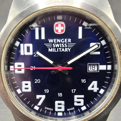 Wenger Swiss Military Watch Men 41mm Blue Dial Steel Date Round 7290X New BattH1