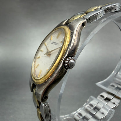 Seiko Watch Women 20mm White Dial Two Tone Oval 1n00-6F80 New Battery Vintage 4F2