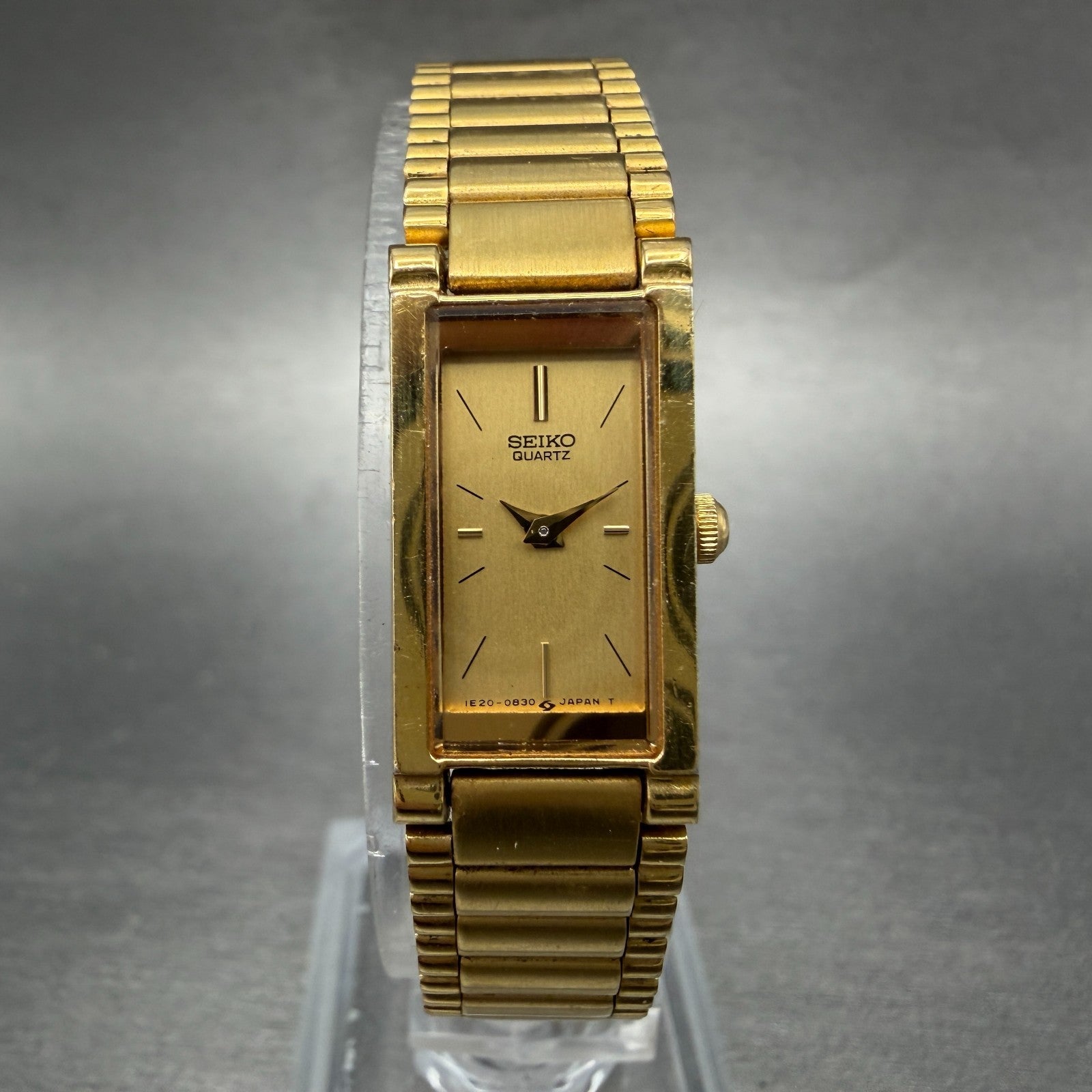 Seiko Tank Watch Women 13mm Champagne Dial Gold Tone 1e20-5519 New Battery VTG0